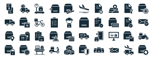 set of 40 filled delivery web icons in glyph style such as express delivery, cargo bus, delivery destination, logistic protection, checklist, worldwide arrival icons isolated on white background
