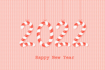 Happy New Year 2022! The numbers 2022 are in the form of sweet candies on a red knitted background. Christmas greeting card. Vector