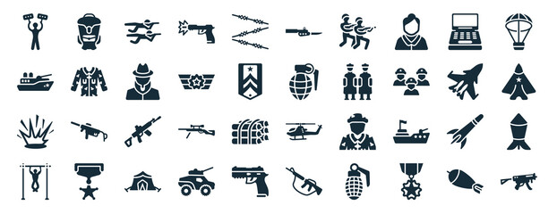 set of 40 filled army and war web icons in glyph style such as backpack, militar ship, explosion, pull up, jet, parachute, bayonet on rifle icons isolated on white background