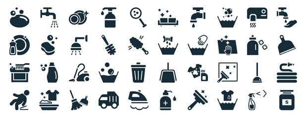 set of 40 filled cleaning web icons in glyph style such as tap, washing plate, carpet cleaning, slippery, softener, washing hand, clean-living icons isolated on white background