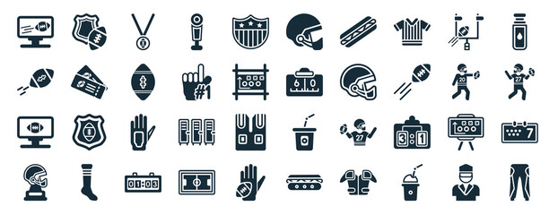 set of 40 filled american football web icons in glyph style such as american football team emblem, fast football ball, tv program, trophy, running with the ball, bottle of water, american helmet