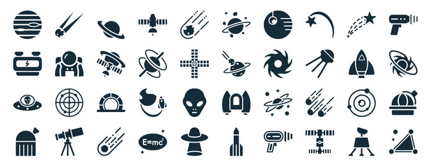 set of 40 filled astronomy web icons in glyph style such as aerolite, generator, alien with aqualung, planetarium, space ship, laser gun, space junk icons isolated on white background © Digital Bazaar