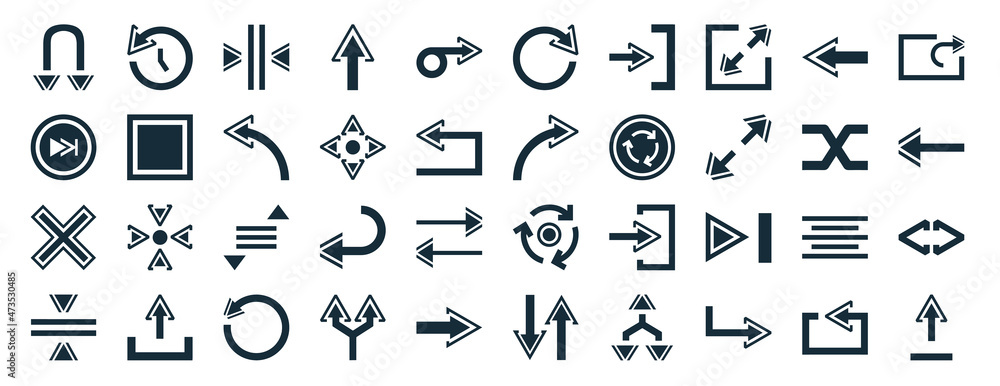 Poster set of 40 filled arrows web icons in glyph style such as reload time, fast forward, multiply, horizo