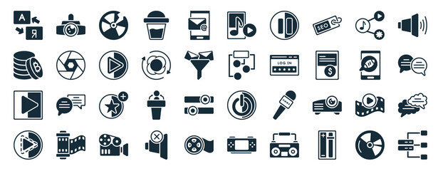 set of 40 filled multimedia web icons in glyph style such as big video projector, bitcoin storage, square play button, play button in broken line, football balloon, speakers volume, multimedia icons