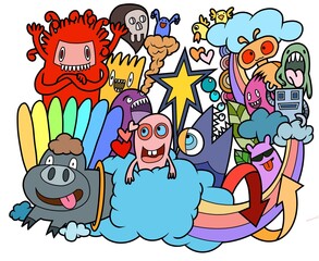 Cute monsters are playing  for fun.illustration, cute hand drawn doodles.
