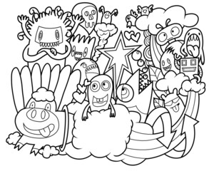 Cute monsters are playing  for fun. illustration, cute hand drawn coloring book doodles.