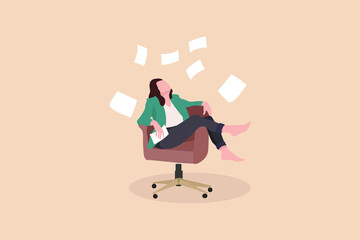 Business freedom. Girl manager throws flyers. A bundle of paper flies around the girl. Vector illustration.