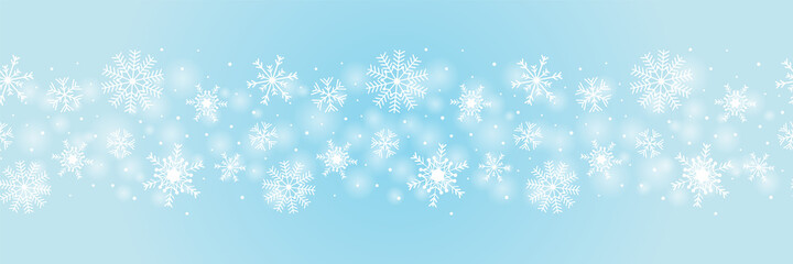Naklejka na ściany i meble Snowflake background border white, silver, blue color. Christmas, winter holiday snow flakes pattern illustration banner design on blue sky