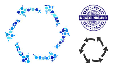 Round dot mosaic centrifugal arrows icon and NEWFOUNDLAND round scratched stamp. Blue stamp includes NEWFOUNDLAND caption inside circle and guilloche decoration.