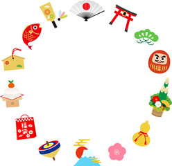 Obraz premium イラスト年賀状素材:通年対応フレーム カラフルなアイコン素材セット 透過＆白背景 