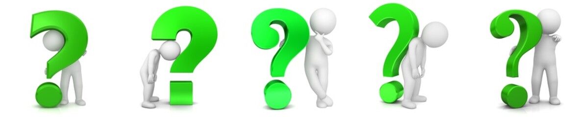 Questionmark sign asking question mark green colored interrogation point  white stick man 3d rendering graphic illustration isolated on white in high resolution