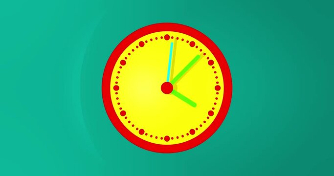 3D animated clock time lapse animation. Wall clock with red frame and yellow clock face. Green time pointer. Light reflections on the watch and shadows on the background. Camera move in free space.