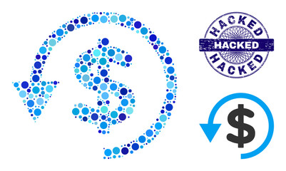 Circle composition chargeback icon and HACKED round rubber stamp seal. Blue stamp includes HACKED caption inside circle and guilloche pattern. Vector collage is based on chargeback icon,
