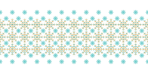 Christmas striped orange and cyan blue seamless snowflake Border on white background. Colourful vector pattern for wrapping paper, textile and paper prints, invitations and gift boxes.