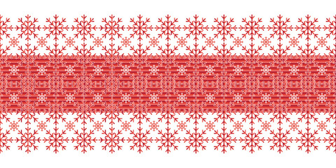 Decorative geometric Christmas red and white seamless vector snowflake texture Border. Monochrome vector pattern for wrapping paper, textile and paper prints, invitations and gift boxes.