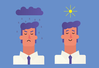 Fototapeta na wymiar male character's head front with rain cloud and sun. Mindfulness and stress management in psychology, vector illustration. Simple and modern flat style.
