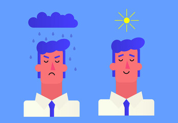 Fototapeta na wymiar character's head front with rain cloud and sun. Mindfulness and stress management in psychology, vector illustration. Simple and modern flat style.