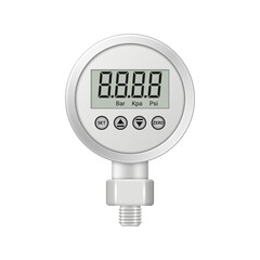 Realistic digital pressure gauge with fitting isolated on white background. Pressure measuring instrument. Vector illustration.