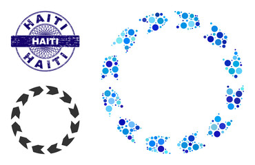Circle mosaic circulation icon and HAITI round rubber stamp imitation. Blue stamp seal includes HAITI tag inside circle and guilloche ornament. Vector collage is based on circulation icon,