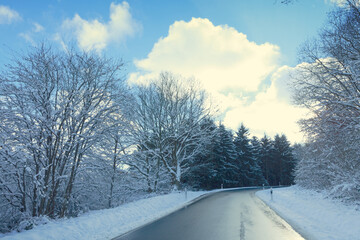 Winter road in the forest. Nature background.
