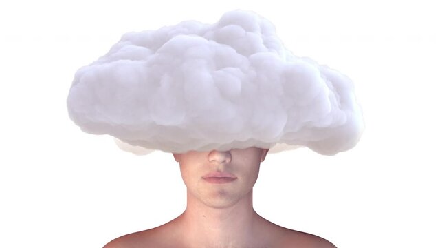 Man body with white cloud on head. Realistic 3d art composition in creative modern stop motion style. Minimal abstract graphic concept design. Fashion loop animation.