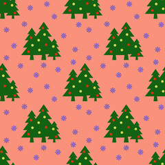 Obraz premium Seamless pattern. Image of green Christmas trees with balls and snowflakes on pastel red backgrounds. Symbol of New Year and Christmas. Template for application to surface. 3D image. 3d rendering