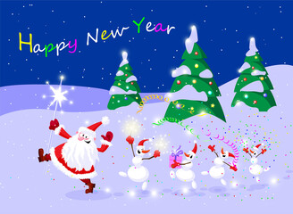 Happy New Year. Santa Claus, Christmas tree, snowmen, sparklers, gifts, confetti, streamers, snow slide.