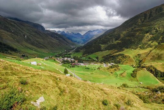 View from the Swiss Furka pass on the town of Realp in the canton of Uri. On the horizon the Oberalppass where the weather deteriorates