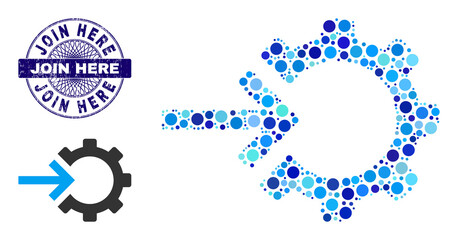 Round dot mosaic cog integration icon and JOIN HERE round corroded stamp print. Blue stamp seal includes JOIN HERE tag inside circle and guilloche decoration.