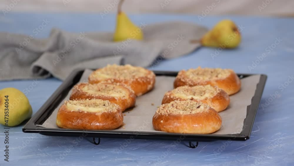 Wall mural open buns with cream cheese and pears.