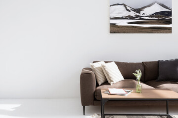 Soft couch and home decor in skandinavian style apartment