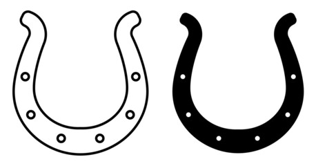 Linear icon. Metal horseshoe for horse. Symbol of good luck and happiness in culture. Simple black and white vector isolated on white background