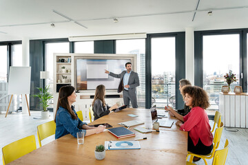 Businessman explaining business strategy on projection screen to male and female professionals during meeting at office
