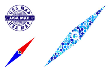 Round dot mosaic compass arrow icon and USA MAP round scratched stamp. Violet stamp includes USA MAP text inside circle and guilloche structure. Vector mosaic is based on compass arrow symbol,