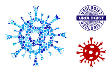 Circle combination coronavirus icon and UROLOGIST round grunge stamp. Blue stamp seal includes UROLOGIST text inside circle and guilloche style. Vector collage is based on coronavirus icon,