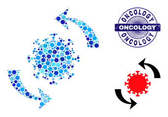 Circle composition coronavirus update icon and ONCOLOGY round corroded stamp seal. Blue stamp seal includes ONCOLOGY text inside circle and guilloche ornament.