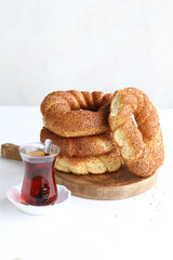 Sesame bagel on a white background. Turkish breakfast. vertical view. close up