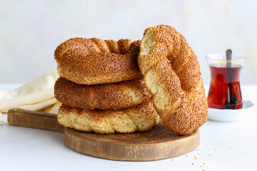 Sesame bagel on a white background. Turkish breakfast. Horizontal view. close up