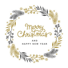 Christmas wreath of fir branches, leaves and snowflakes. Holiday card with golden floral frame isolated on white background. Vector illustratio © Feodora_21