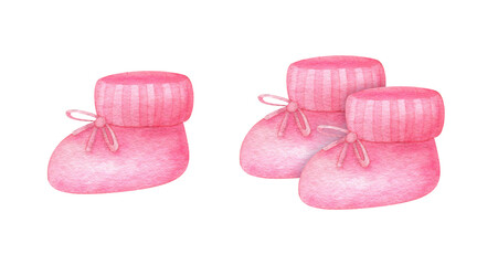 Pink baby booties with a bow isolated on a white background. Cute infant clipart, knitted newborn baby shoes, gender reveal