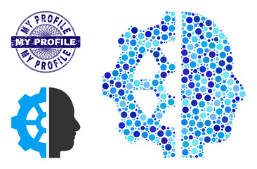 Rounded dot collage cyborg gear icon and MY PROFILE round dirty stamp seal. Blue stamp seal includes MY PROFILE tag inside circle and guilloche pattern. Vector collage is based on cyborg gear icon,