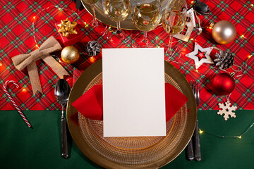 restaurant empty menu on a christmas holiday festive table with copy space to insert own text