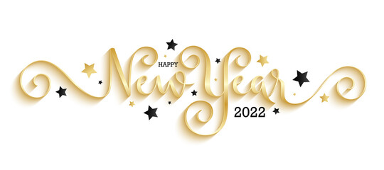 HAPPY NEW YEAR 2022 metallic gold vector brush calligraphy banner with spirals and stars