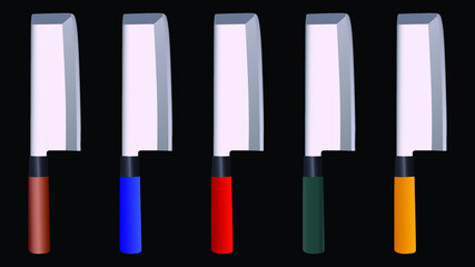 set of Large sharp cleaver knife isolated on black background, colourful cleaver knife