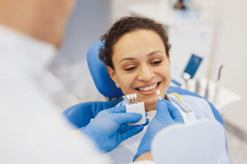 Woman choosing teeth color with male dentist