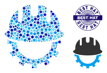 Obraz premium Round dot composition development hardhat icon and BEST HAT round rubber stamp seal. Blue seal includes BEST HAT title inside circle and guilloche decoration.