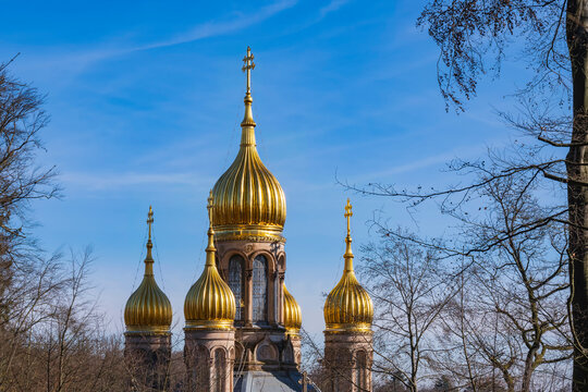 View of the onion domes of the Russian Orthodox Chapel in Wiesbaden / Germany 