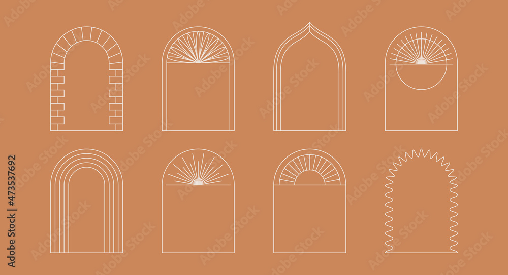 Poster vector set of design elements and illustrations in simple linear style - boho arch logo design eleme