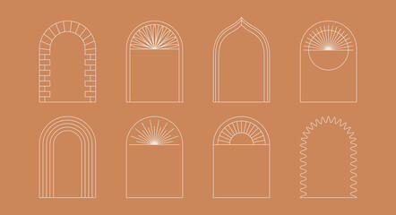Vector set of design elements and illustrations in simple linear style - boho arch logo design elements and frames for social media stories and posts