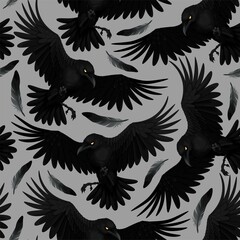 Vector seamless pattern with raven and feathers - 473539037